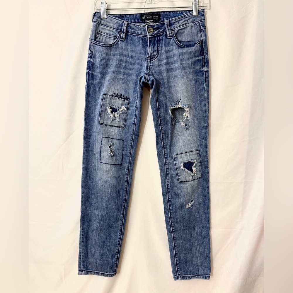 Volcom Super Skinny Low Rise Distressed Jeans With Patchwork Size 1